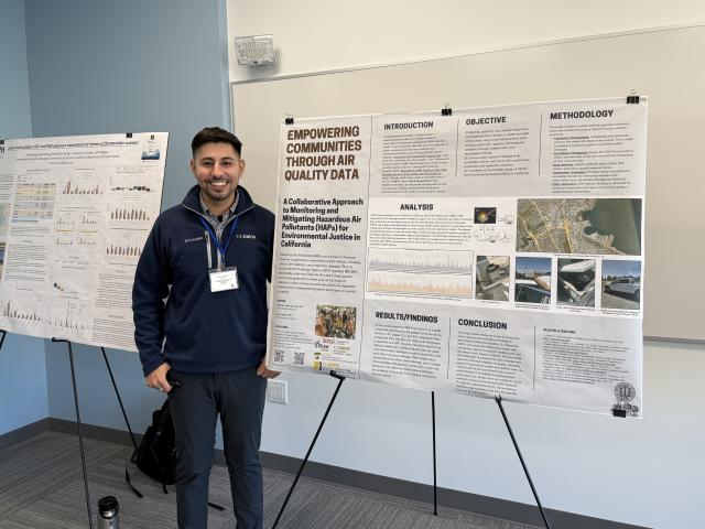 Alex stands beside a poster describing the community research